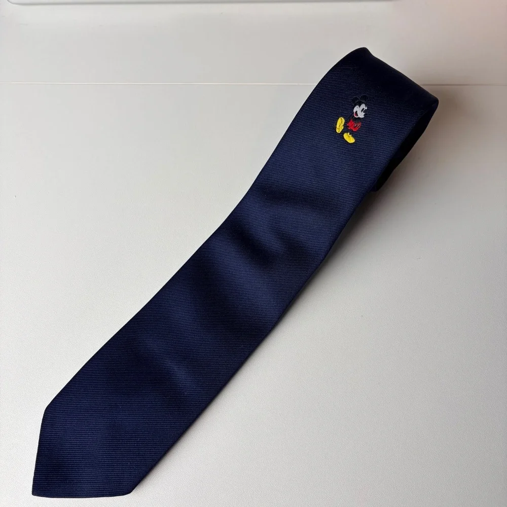 Vintage Disney Mickey Mouse Navy Blue Embroidered Silk Blend Necktie Made in USA